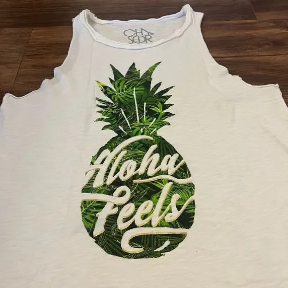 Chaser White “Aloha Feels” Pineapple Cutoff Tank Top - Picture 3 of 6